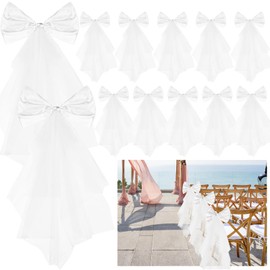 12 Pack Wedding Aisle Decoration for Pews White Large Bows for Decor Tulle Rhinestones Satin Bow for Wedding Reception, Banquet, Church Bench, Bridal Shower, Outdoor Lawn Ceremony, Party Decoration