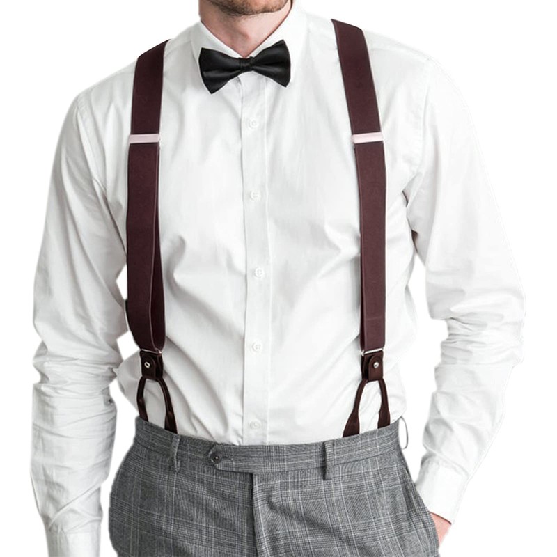 Mens Button End Elastic Suspenders - Adjustable Y shape Formal