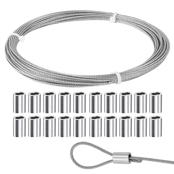 Stainless Steel Wire Rope, Wire Tent, Clothesline Length 32.8 ft (10 m), Diameter 0.6 inches (1.5 mm), 7 x 7 Structure, Cutting Load 355.0 lbs (165 kg), 8 Letter Type Aluminum Sleeves, 20 Pieces, Earthquake Countermeasure, Typhoon Protection, Towing, Fix