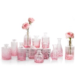 TBWIND Valentine's Day Glass Bud Vases Set of 12, Vintage Mini Vases for Centerpieces, Pink Glass Bud Vase in Bulk for Wedding Decor, Single Flowers, Office and Home Table Flower Décor-Pink