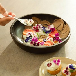 Ellementry Tashi Small Bowl - Dark Brown Mango Wood with Magnolia Flower Design. Classy Tableware for Serving, Snacks, Desserts, Dips, and Decor