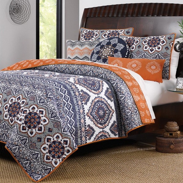 Finely Stitched Boho Chic Moroccan Paisley Pattern Grey Orange Cotton