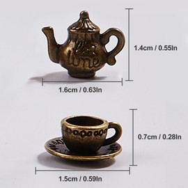 3 Pcs Miniature Tea Cup Set 1:12 Dollhouse Vintage Metal Teapot Coffee Shop Kitchen Accessories Decor, Mini Cups and Teapot(Copper)