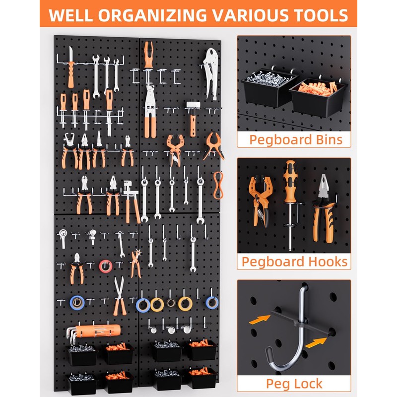 INCLY 158PCS Metal Pegboard Wall Organizer, 48x24 Inch Black Pegboard