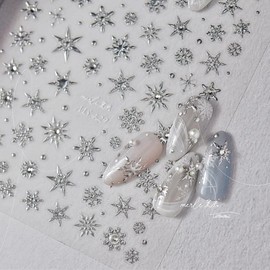 Snowflake Nail Art Stickers Decals Laser Silver Christmas Snowflake Nail Stickers Winter Snowflake Shiny Rhinestone 5D Embossed Self Adhesive Nail Decals Xmas Nail Art Decoration Supplies for Women