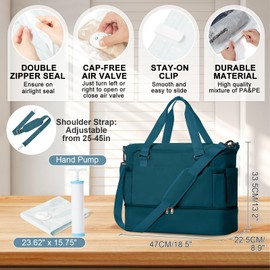 Large Travel Duffle Vacuum Seal Bags for Clothing with Hand Pump Gym Weekender Bags for Women Overnight Hospital Tote Carry On Luggage Space Saver Vacuum Storage Bags with Shoe Compartment PeacockBlue