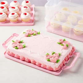 Juvale 3-Tier Cupcake Carrier - Airtight Plastic Container for Baking - Stackable Cupcake Containers & Removable Trays - Portable Cake Transport Holder - Holds 36, Pink, 13.5"x10.25"x10.75"
