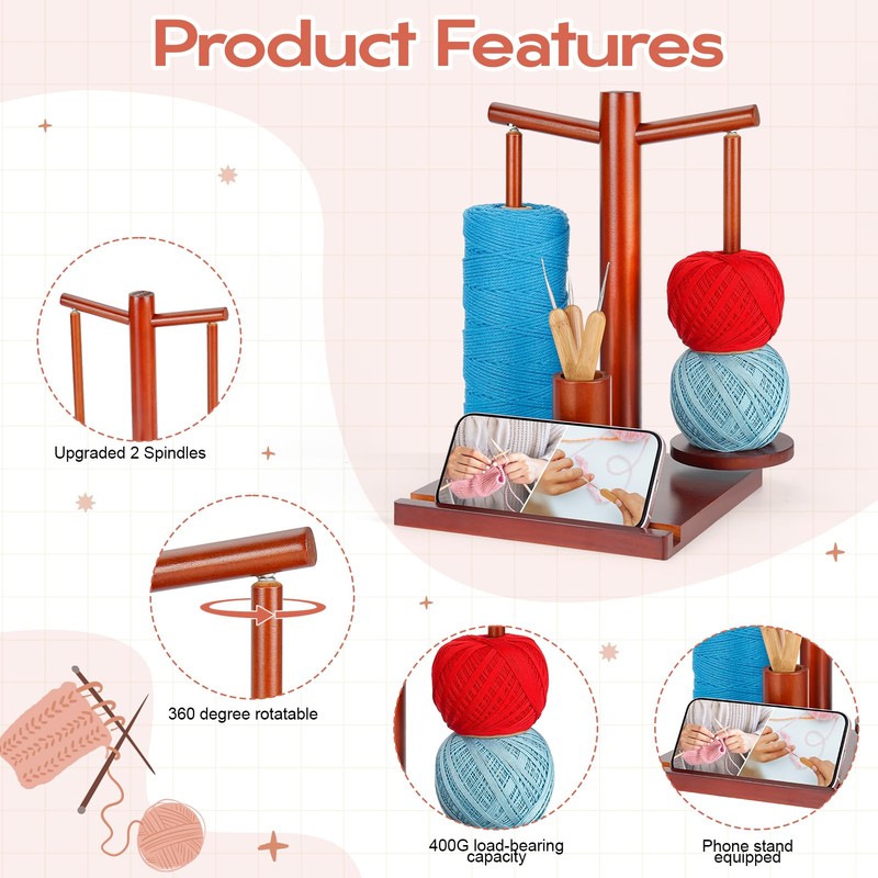 Yarn Holder for Crocheting, Wooden Rotating Yarn Spinner with 2