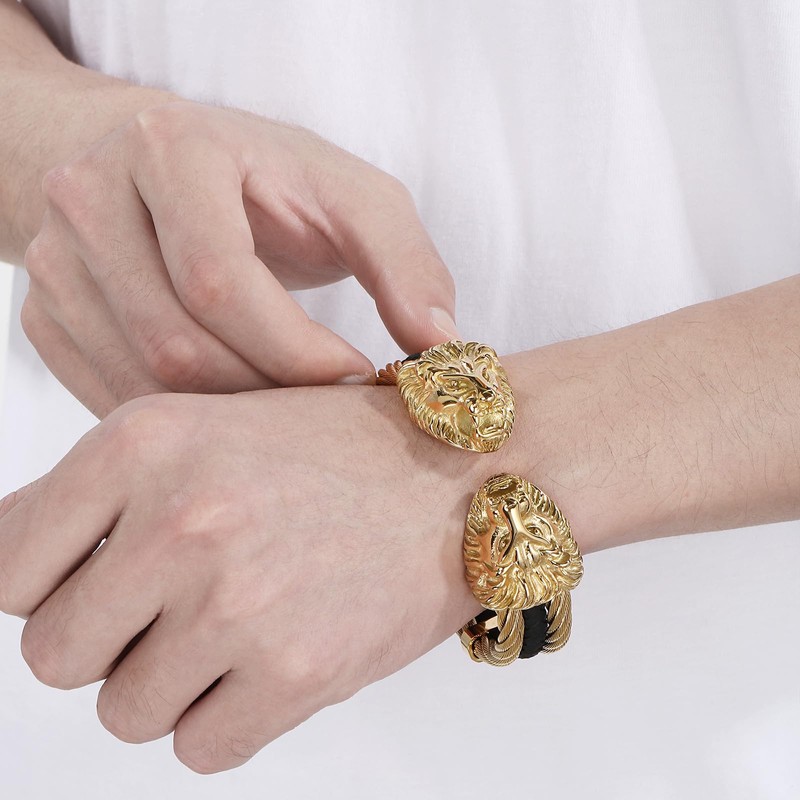 Klapgo Men's Gold Bracelet Viking Lion Head 316 Stainless Steel