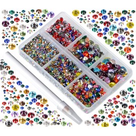 Bymitel 5000 Pieces 6 Mixed Sizes Glue Fix on Glass Rhinestones Round Crystal Gems Flatback for DIY Jewelry Making with one Picking Pen(Mix: SS4-SS30/5000PCS, MIXED COLORS)