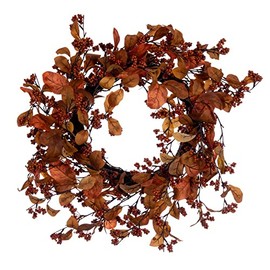 Vickerman Artificial 22" Orange Fall Leaves and Berries Wreath. Features Mini Orange Berry Accents and a Circular Grapevine Base.