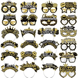Yuxung 24 Pcs Retirement Party Decorations Paper Glasses and Headband Set for Men Women, Black Gold Happy Retirement Party Supplies, Funny Farewell Retired Photo Props Decor