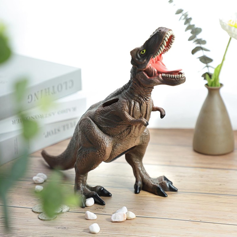 MASSJOY Resin Brown Dinosaur T-Rex Piggy Bank, Boy Birthday Present.
