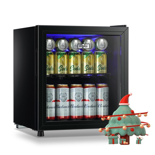WANAI Beverage Refrigerator and Cooler 60 Can Mini Fridge with Glass Door for Soda Beer or Wine Office Bar Adjustable Removable Shelves Black