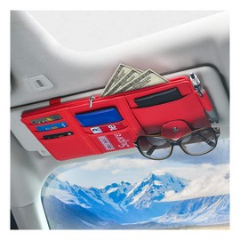 Car Sun Visor Organizer, Leather Storage Pocket Sun Visor Pouch with Zipper for Cards License Registration Pen Glasses Document, Fits Most Car SUV, Auto Interior Accessories for Men Women (Red)