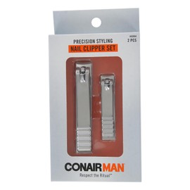 Conair Man Precision Nail Clipper Set – Stainless Steel Grooming Kit for Fingernails & Toenails, Textured Grip for Control, Sharp Curved Blades, Durable & Rust-Resistant, 2-Piece Set, Silver