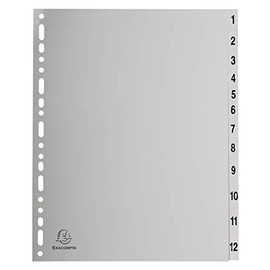 Exacompta - Ref 2912E - PP Printed Indices - For Use With A4+ Documents, 0.1mm Polypropylene, Pre-Punched, Soft & Tear Resistant - 12 Divider Parts (1-12) - Grey