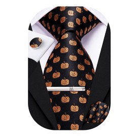 Hi-Tie Mens Tie Set with Pocket Square Cufflinks Silk Ties for Men Silver Tie Clip Set Necktie Prom Wedding Formal,Black Orange Pumpkin