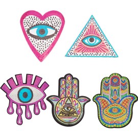 INFUNLY 5pcs Evil Eye Sequin Patches 9.8"x8.2" Palm Heart Evil Eyes Iron-on Applique Colorful Embroidery Sew-on Patches Triangle Evil Eyes Patches Applique for Clothing T-Shirt Jeans Jacket Sweatshirt