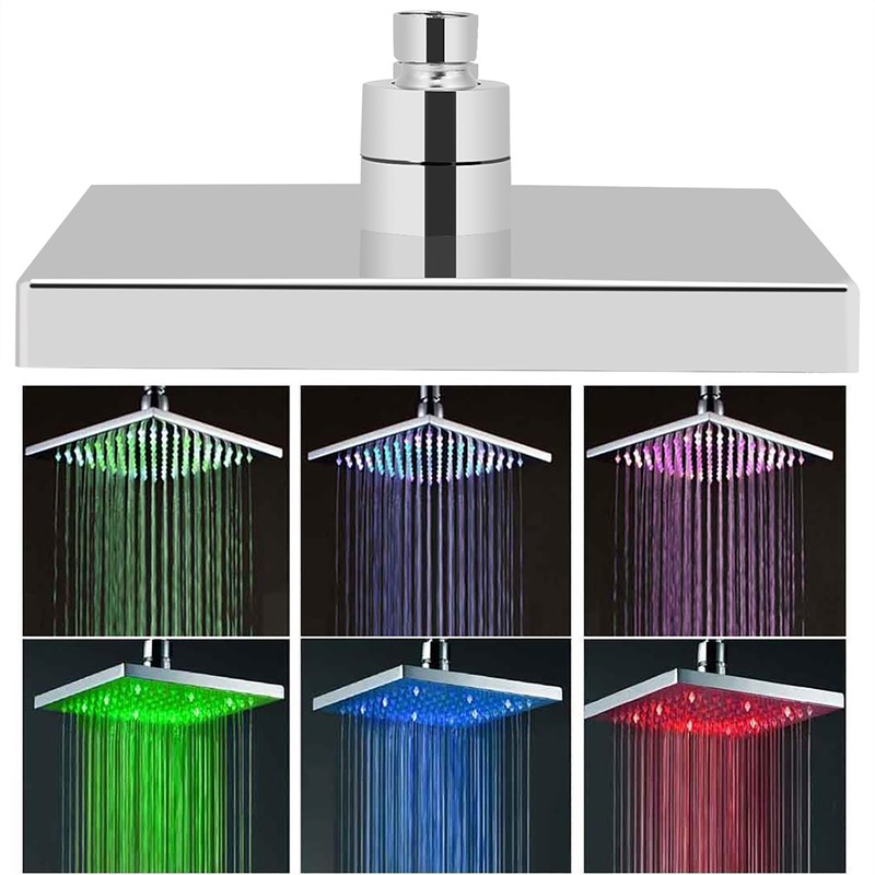 8" Inch Square Chrome Face Rainfall LED Shower Head 7