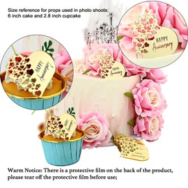 AiQi Bakes 12 Pieces Happy Anniversary Cupcake Topper Gold Mirror Acrylic Cupcake Disc for Anniversary Wedding Party Supplies