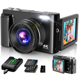 4K Digital Camera for Photography Autofocus, 2025 Latest 48MP Vlogging Camera for YouTube with SD Card, 2 Batteries, 3" 180°Flip Screen Compact Travel Camera for Teens with 16X Zoom, Anti-Shake,Black