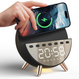 HOURUNTAIL Digital Alarm Clock with 15W Wireless Charging with Warm White Light,5 Soothing Sound/White Noise,Dual Alarm Clock for Bedrooms Heavy Sleepers Adults/Kids (Black)