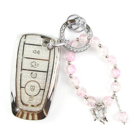 Key Fob Cover with Crystal Bracelets Compatible with Ford 5 Buttons, Car Key Shell for Ford Explorer Fusion Escape Edge Expedition F150 F250 F350 F450 F550 Maverick Mustang Smart Key, Silver