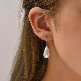 Inateannal Boho Teardrop Pearl Earrings Silver Pearl Dangle Earrings Vintage Pearl Huggie Hoop Earrings Pearl Wedding Earrings Jewelry for Women and Girls