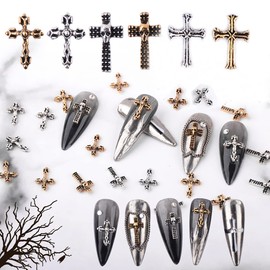 Punk Cross Nail Charms - 60Pcs Gold & Silver Nail Cross Charms, 3D Gothic Metal Nail Cross Accessories for DIY Nail Art Designs Supplies
