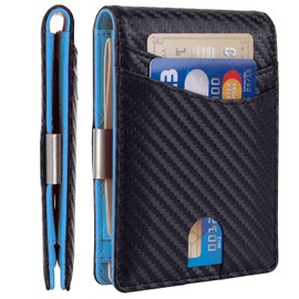 Mutual Minimalist Slim Wallet for Men, Premium Leather Wallet with Money Clip, RFID Blocking Front Pocket Stylish Bifold Wallet (Black & Blue)