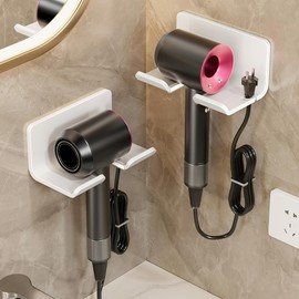 OTDMEL Hair Dryer Holder for Vanity Desk Accessories, Blow Dryer Hanger Wall Mount, Self Adhesive, Aluminum, Organizer Stand with Plug&Cord Organizer for Bathroom(White)