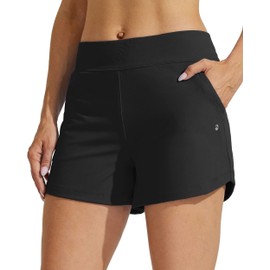 Willit Women's 3.5 inch Swim Board Shorts Swimming Bottoms Tummy Control Beach Shorts with Liner Black M