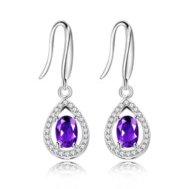 925 Sterling Silver Natural Amethyst Teardrop Earrings Purple Crystal Earring Dangle Birthstone FR027 (Amethyst)