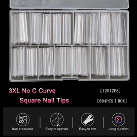 504Pcs No C Curve 3XL Extra Long Square Nail Tips for Acrylic Nails Professional, SWETIDY Clear Straight Flattened Half Cover False Nails Tips with Case for Nail Salons and Home DIY, 12 Sizes