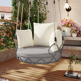 Outdoor Swing Chair with Adjustable Back and Cushions, PE Wicker Rattan Hanging Porch Swing Lounge for Patio Porch, Beige