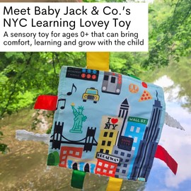 Baby Jack & Co 8x8” Learning Lovey NYC New York Tag Toys for Babies - Baby Crinkle Toys - Soft & Safe - Learn USA Cities and Shapes - Ideal Baby Toy & Gift BPA Free w/Stroller Clip