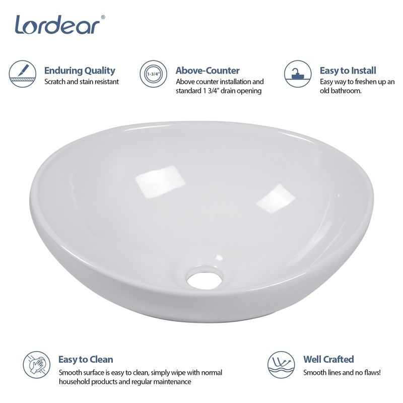 Lordear Oval Vessel Sink 16"x13" Bathroom Vessel Sink Modern Egg