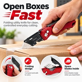Folding Utility Knife for Box Cutting – Quick-Change Blade, Anti-Slip Handle & Blade Storage for Home and Workshop Tasks