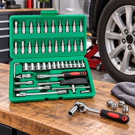 46-Piece 1/4-Inch Drive Mechanic Tool Set – Metric & Inch Sockets with Ratchet Wrench for Auto Repair