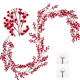 Whaline Artificial Red Berry Garland 5.9Ft Pip Berry Vine Christmas Realistic Burgundy Red Berry Hanging Garland for Xmas Winter New Year Fireplace Door Frame Holiday Craft Decoration