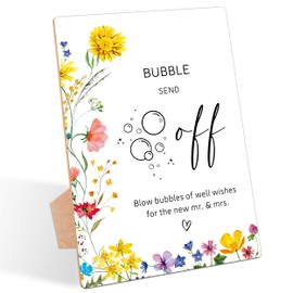 Bubble Send Off Sign, Floral Wedding Ceremony Sign, Pack of 1 Wooden Tabletop Sign with Stand, Wedding Supplies, Engagement and Reception Wedding Decorations - LD14