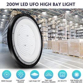 CheDux 200W UFO LED High Bay Light,20000LM High Bay LED Lights, 6500K Daylight White Ultra Thin LED Warehouse Lighting,IP65 Waterproof UFO Commercial Bay Lighting for Garage Factory Workshop Gym