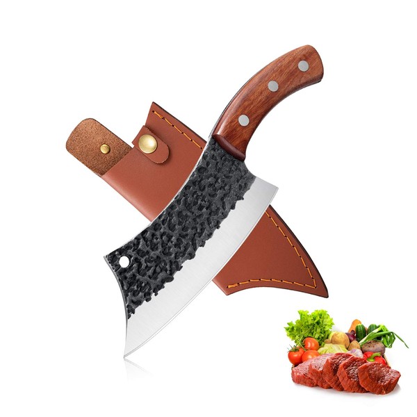 Hand Forged Meat Cleaver 6.3 Inch Kitchen Chef Knife with Leather Sheath and Gift Box Outdoor Butcher Knife Hammered Chopper Boning Knife for Home, Camping, BBQ