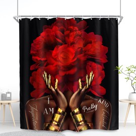 SVBright Extra Long African American Shower Curtain 72Wx84L Inch Red Modern Black Woman Gold Quotes Girl Girly Peony Floral Flower 12 Pack Hooks Polyester Waterproof Fabric Bathroom Bathtub Panels