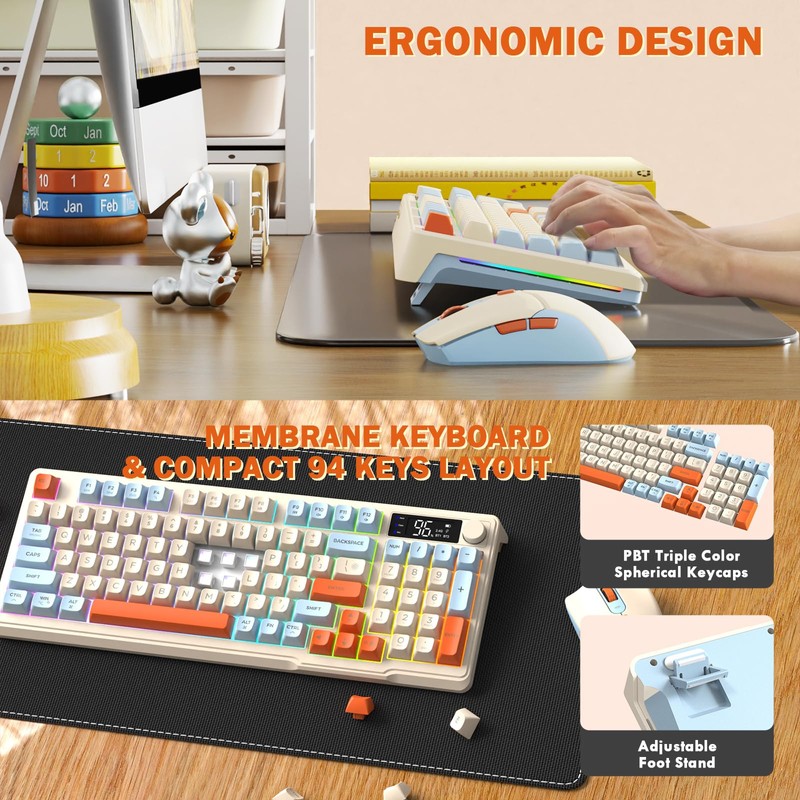 FREEWOLF T96 Smart Display Wireless Gaming Keyboard and Mouse Comb,