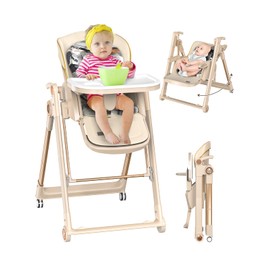 Baby High Chair and Baby Swing, Portable Highchairs for Babies and Toddlers, Foldable High Chair with Wheels, Folding High Chair for Toddlers, Highchair with Handle, Cushion, Removable Tray(Khaki)
