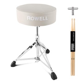 ROWELL Drum Throne Height Adjustable Drum Stool Drum Throne with Thickened Padded Double Support Anti-Slip Drum Seat Suitable for Adult and Drummers with Drum Sticks,Drum Key(Off-White)