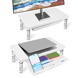 BEHEY Monitor Stand with Storage Drawer, 2 Pcs Wood Riser with Metal Bracket for Desk, Adjustable Desk Shelf for Top of Desk 3 Levels of Height & Angle, Computer Laptop Desktop Organizer White