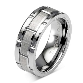 100S JEWELRY Tungsten Rings For Men Wedding Band Silver Brick Pattern Brushed Engagement Promise Size 6-16 (Tungsten, 7.5)
